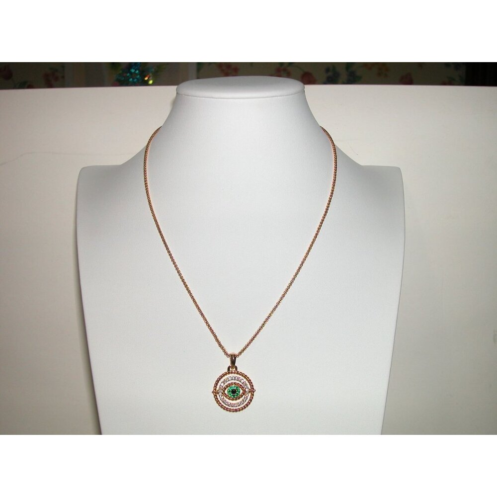 Gold Tone Pendant Necklace With Green & White Gemstones On Rope Chain